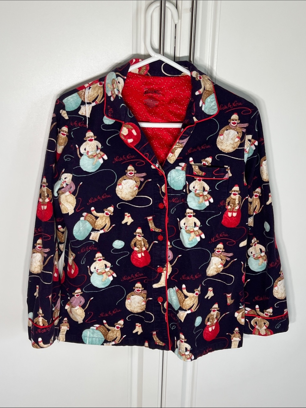 Nick & Nora Navy Holiday Sock Monkey Pajama Top with Red Trim